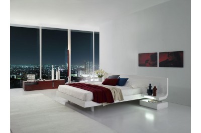 Firenze White Lacquer Platform Bed with Built in Nightstands & LED Lights