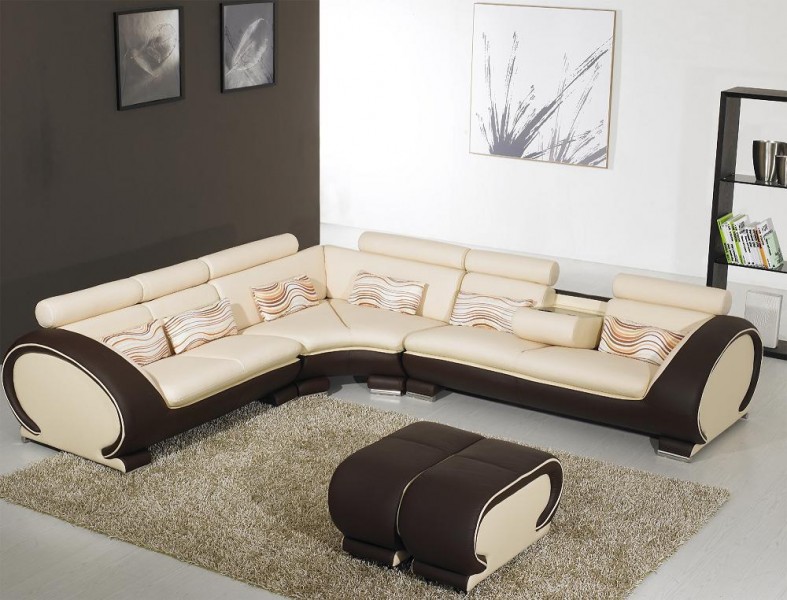 816 Modern Cream And Brown Leather, Modern Cream Leather Sectional Sofa